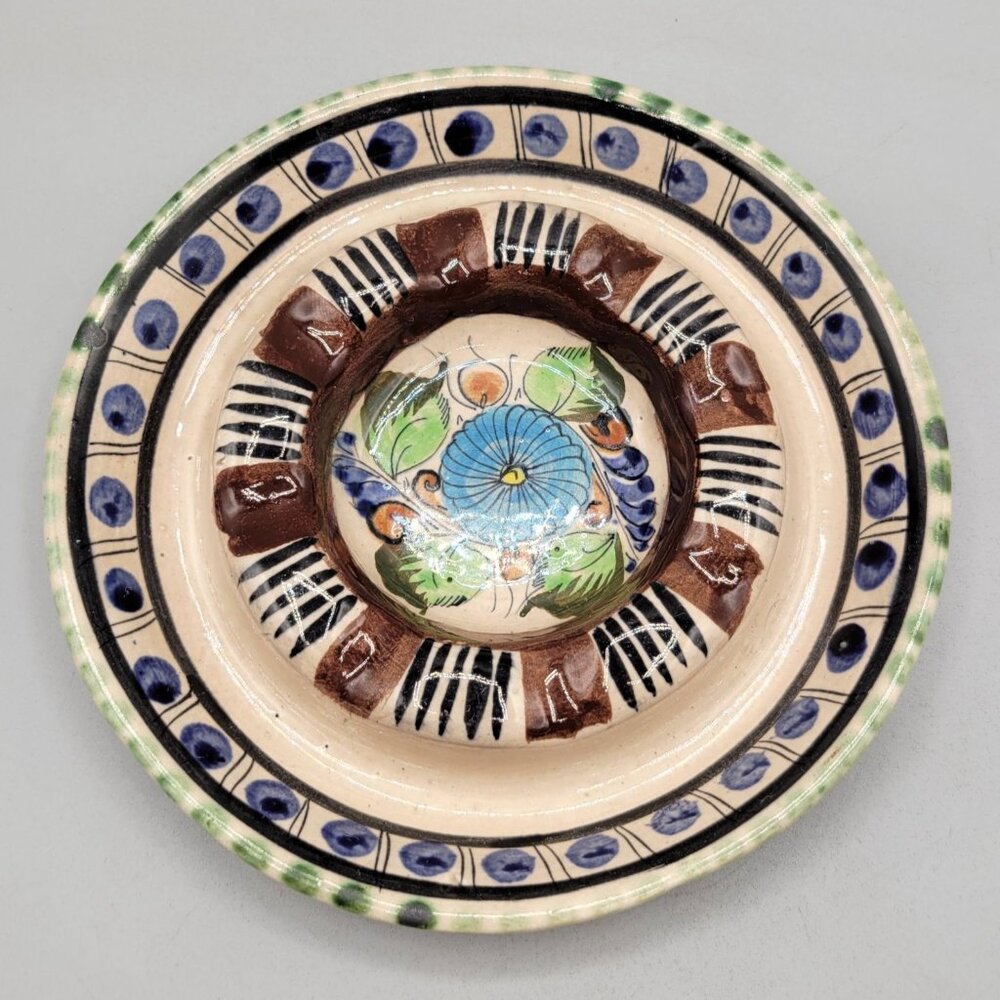 Mexican Tonala Hand-Painted Ceramic Floral Ashtray Blue Green Floral Pattern